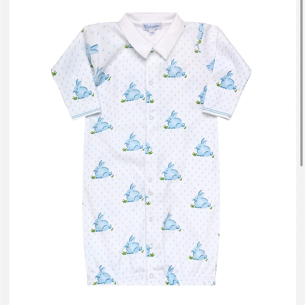 Blue Bunny Print Infant Gown with Collar